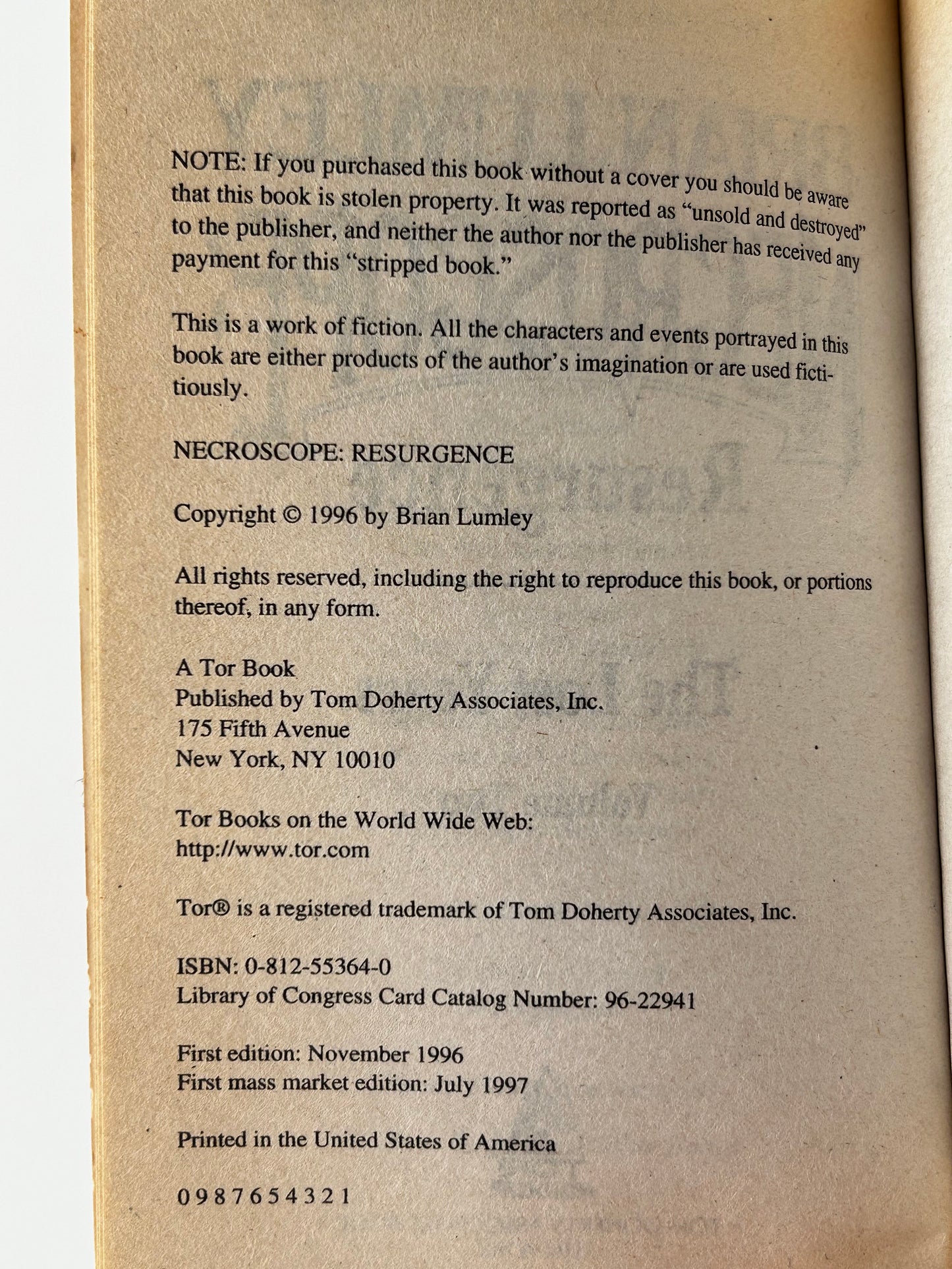 Necroscope Resurgence The Lost Years Vol. 2 TOR Paperback Brian Lumley SF12