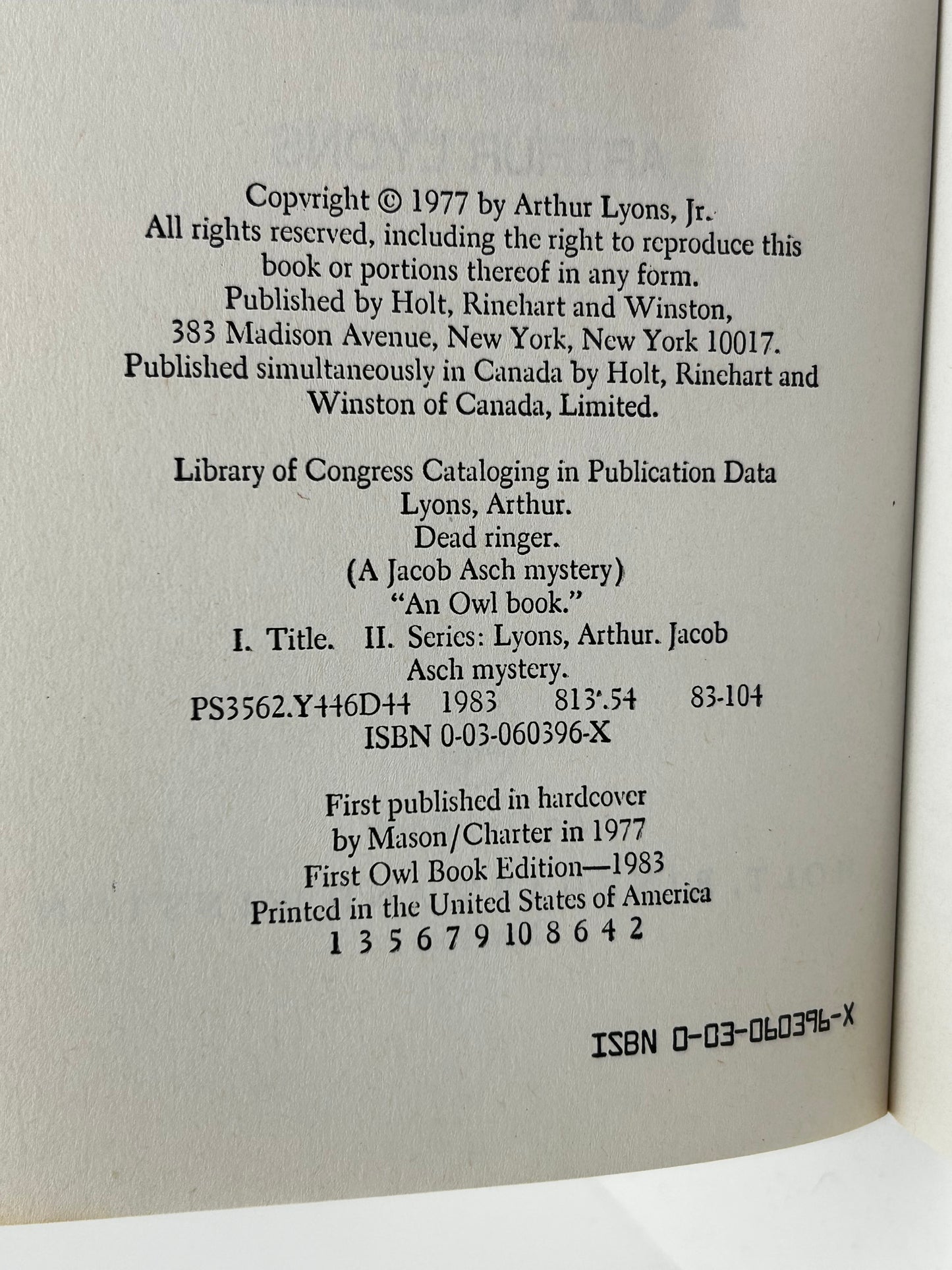 Dead Ringer OWL Paperback Arthur Lyons HS4