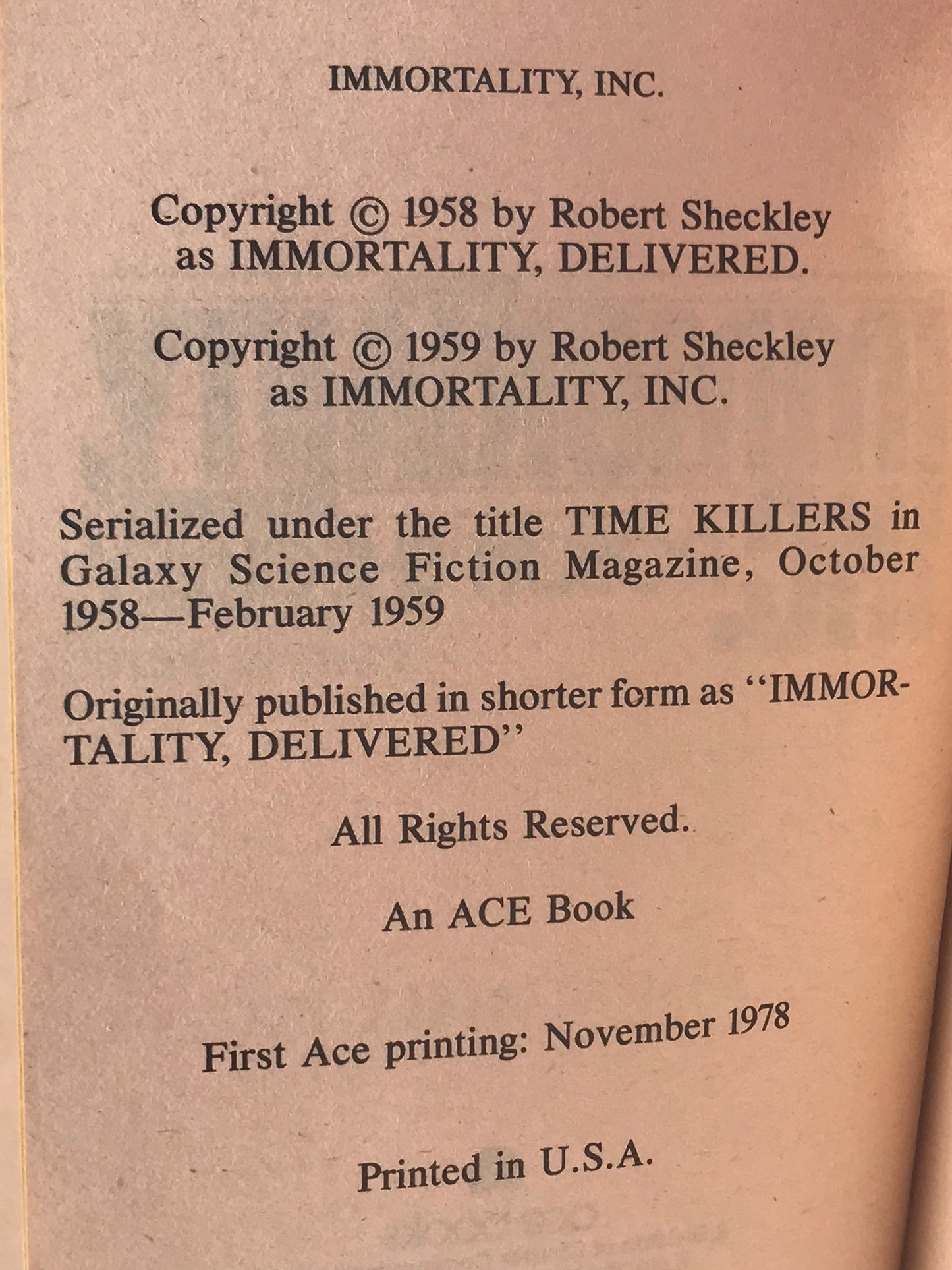 Immortality Inc. ACE Paperback Robert Sheckley HSF