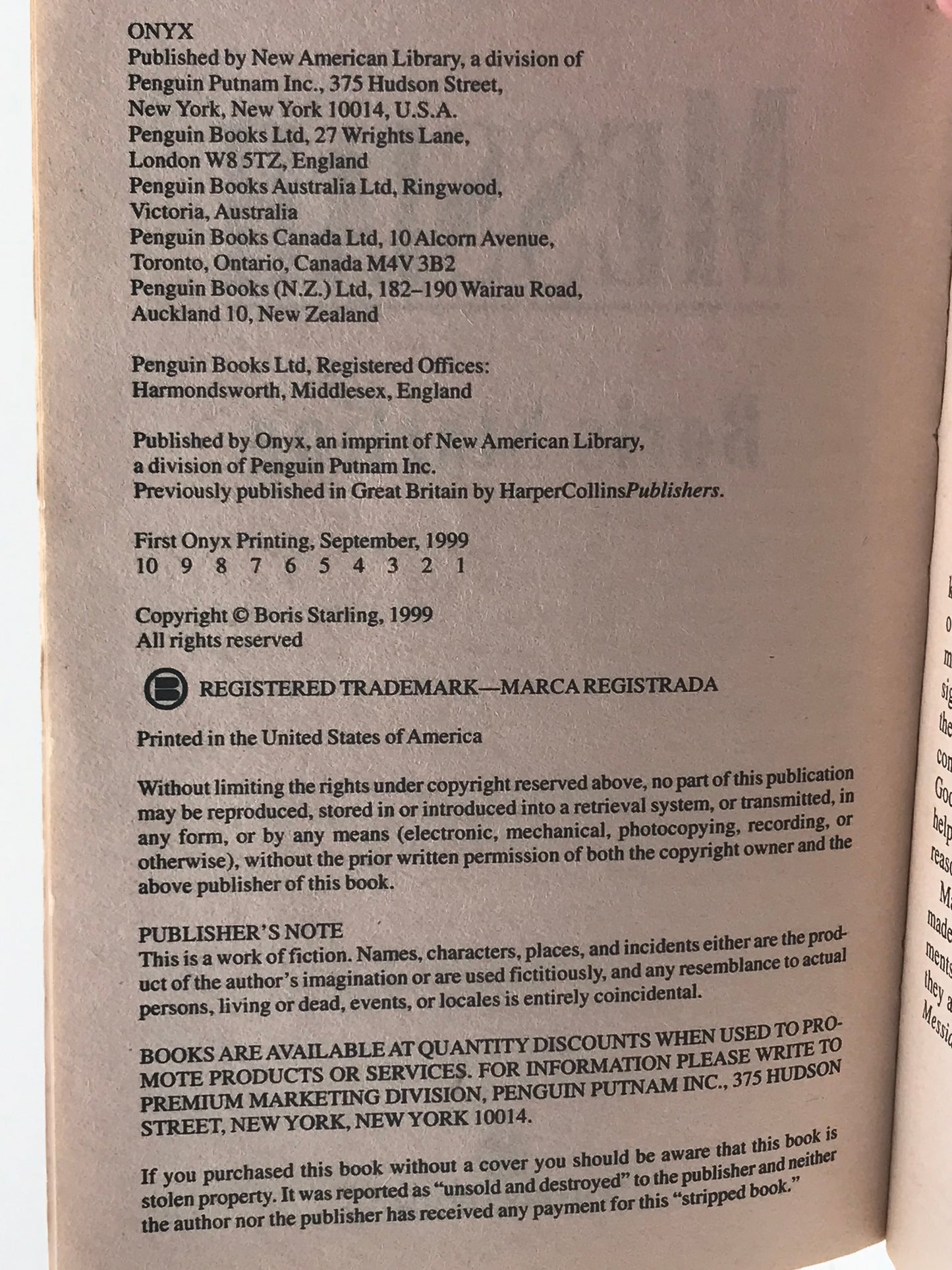 Messiah ONYX Paperback Boris Starling HSF