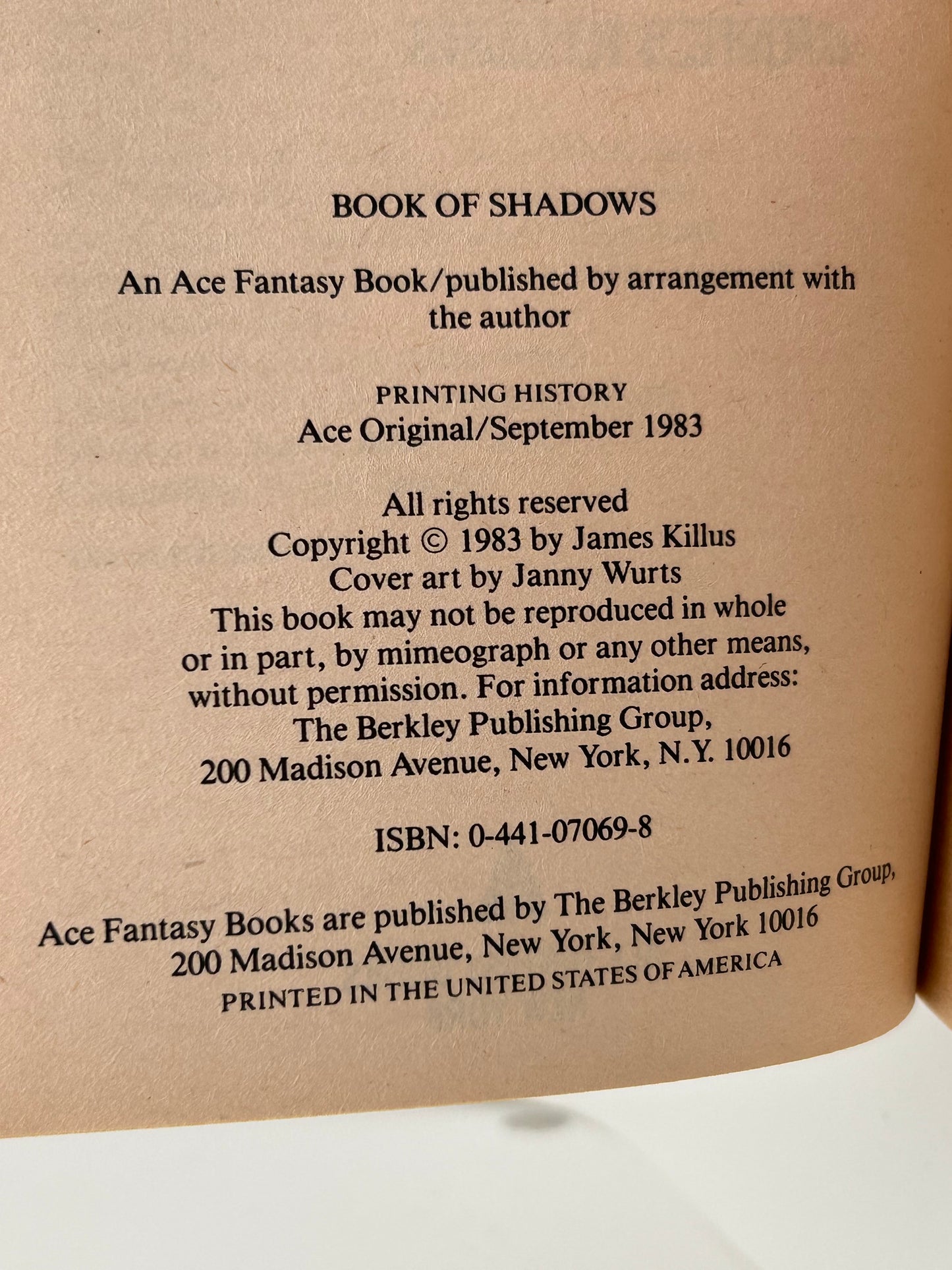 Book Of Shadows ACE Paperback James Killus FW1