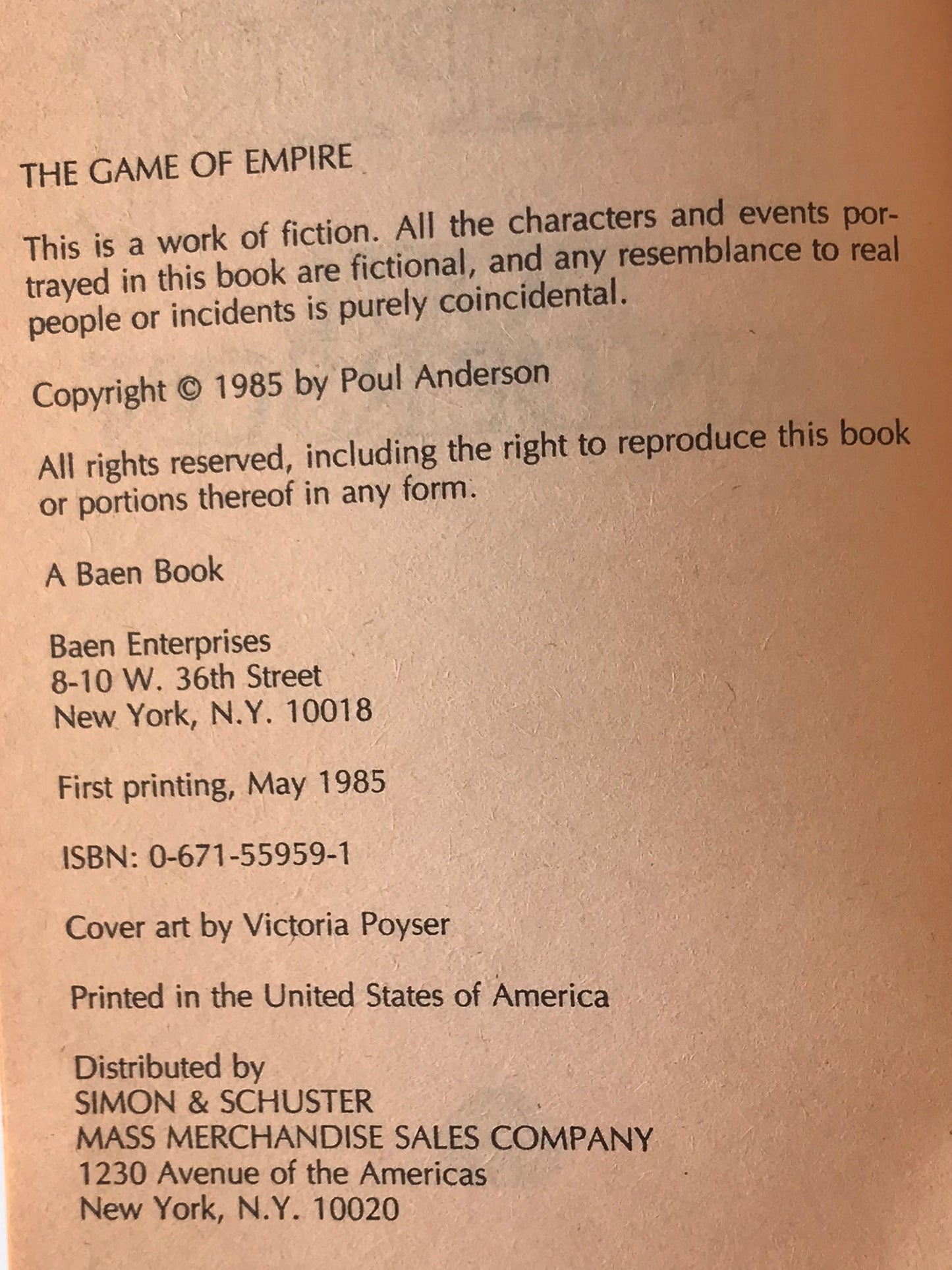 Game Of Empire BAEN Paperback Poul Anderson SF01