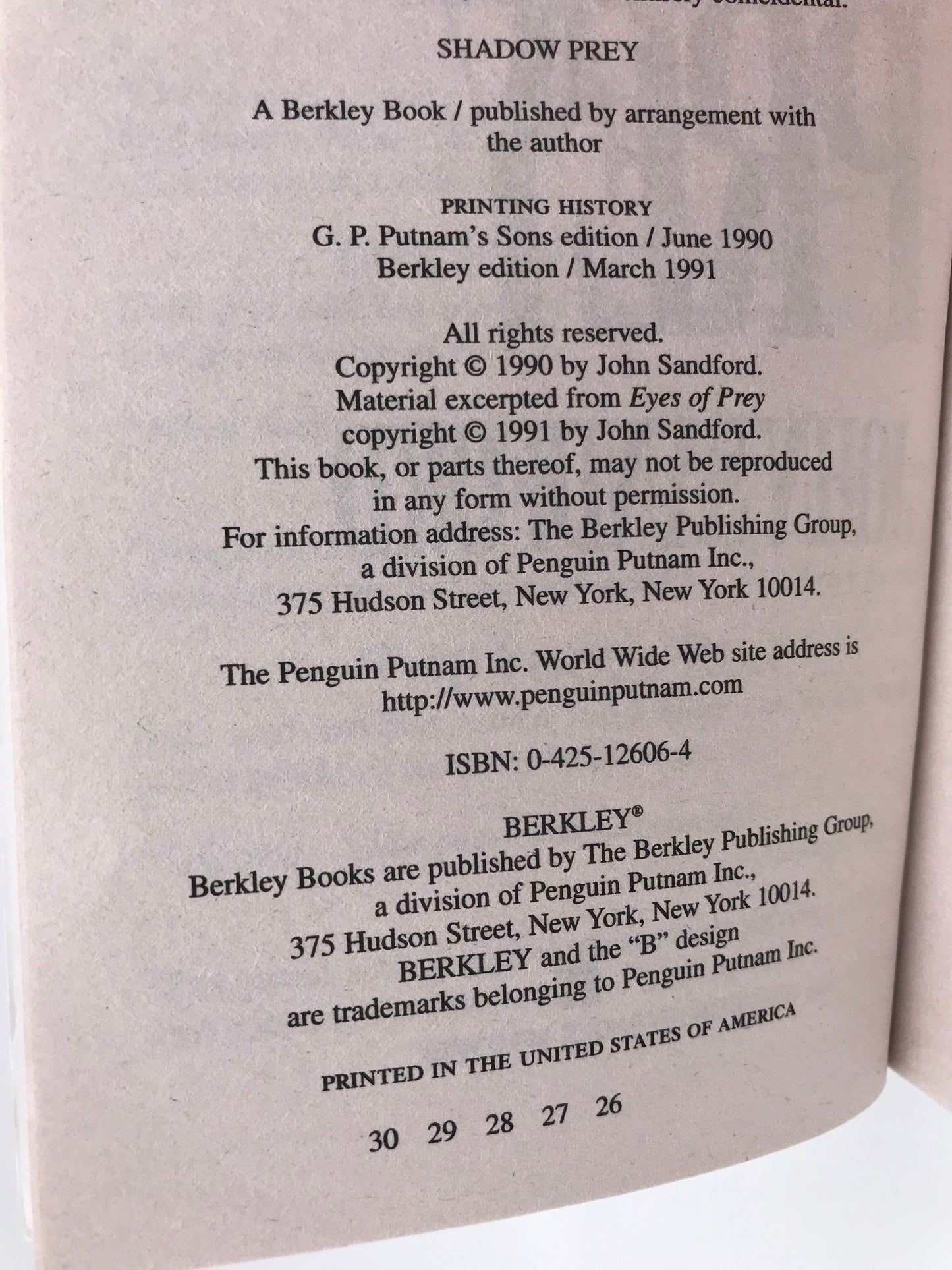 Shadow Prey BERKLEY Paperback John Sandford H01