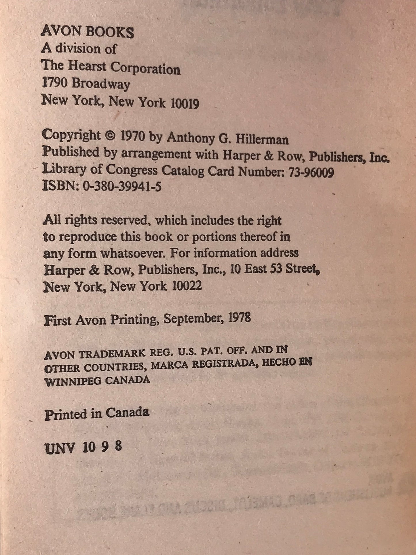 Blessing Way AVON Paperback Tony Hillerman H01