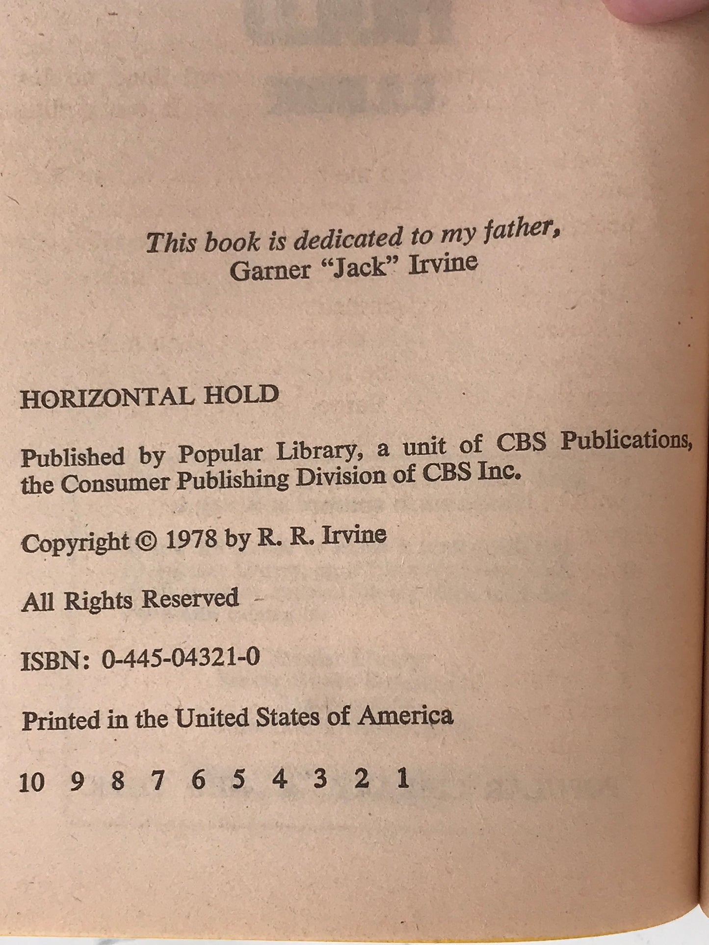 Horizontal Hold POPULAR Paperback R.R. Irvine H01