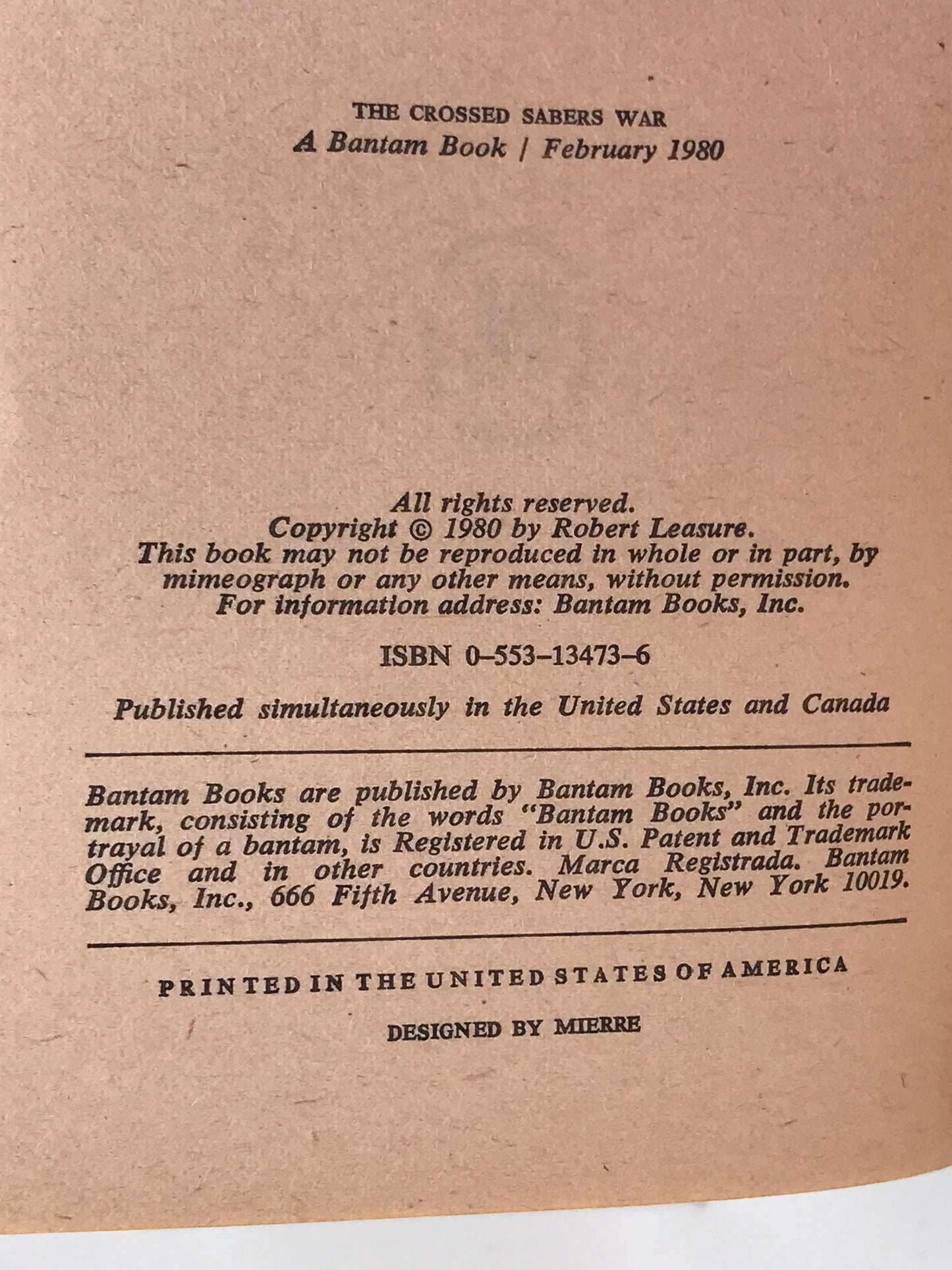 Crossed Sabers War BANTAM Paperback Robert Leasure CW01