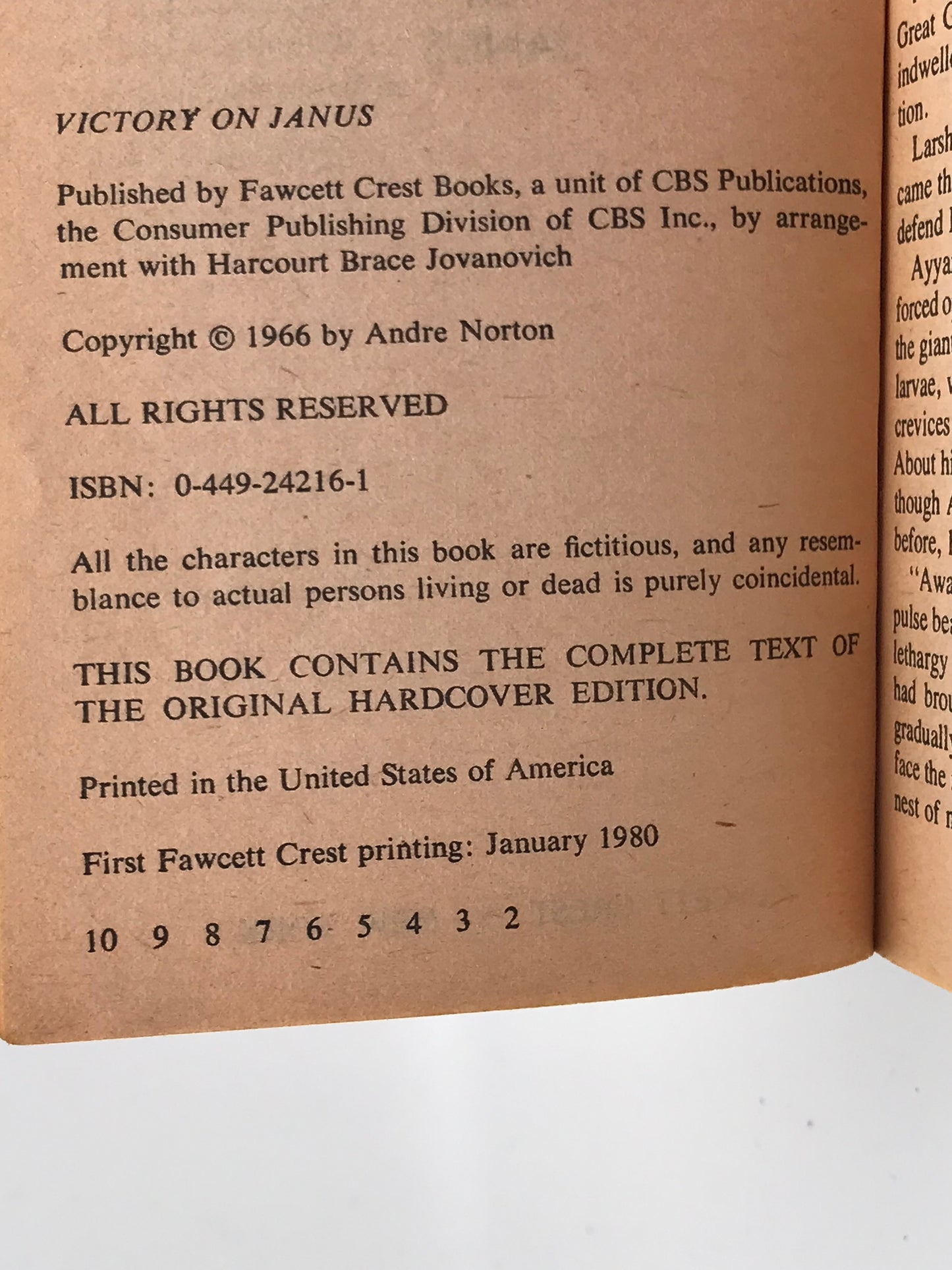 Victory On Janus FAWCETT Paperback Andre Norton SF02