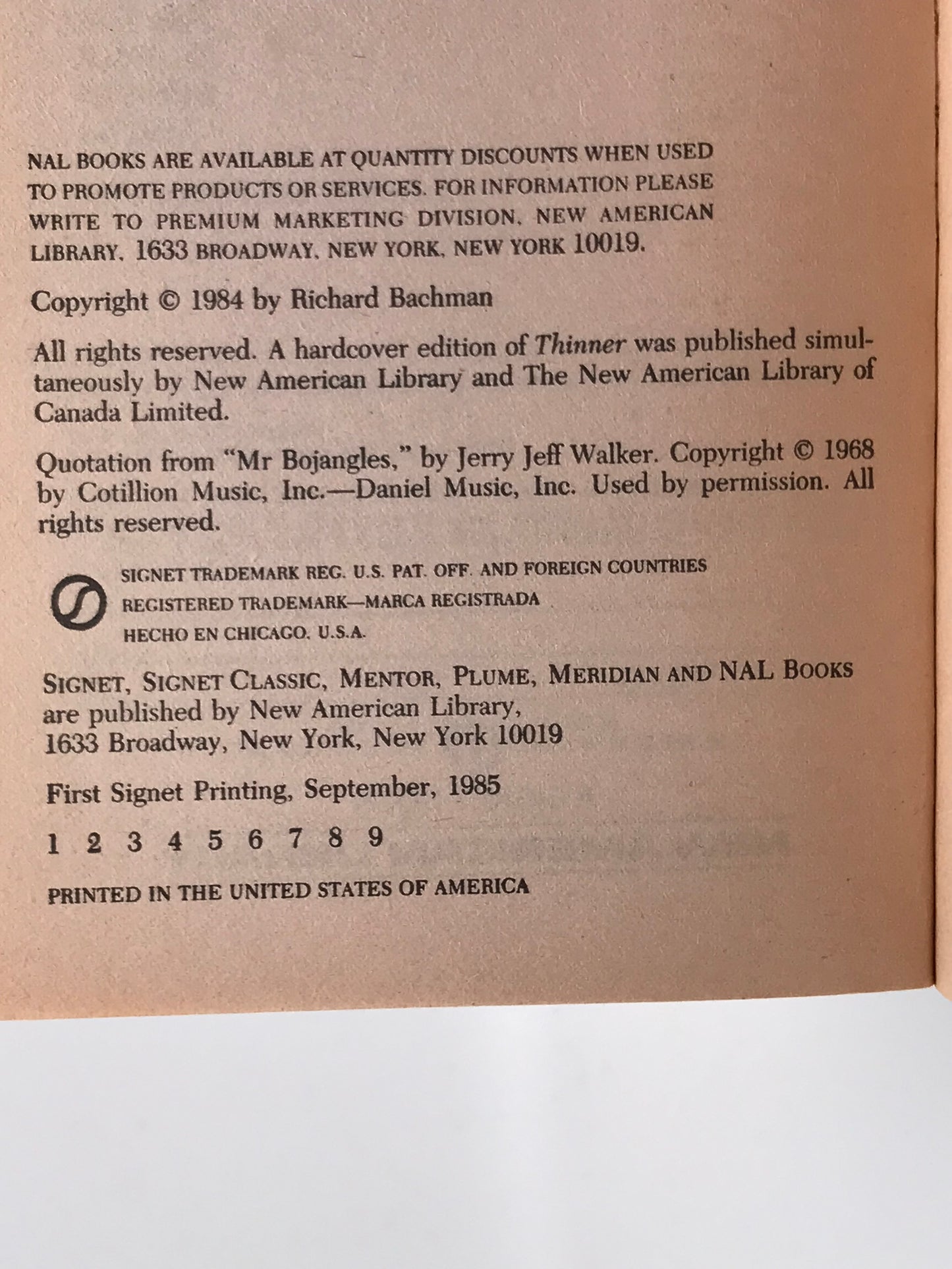 Thinner SIGNET Paperback Stephen King/Richard Bachman ACH01