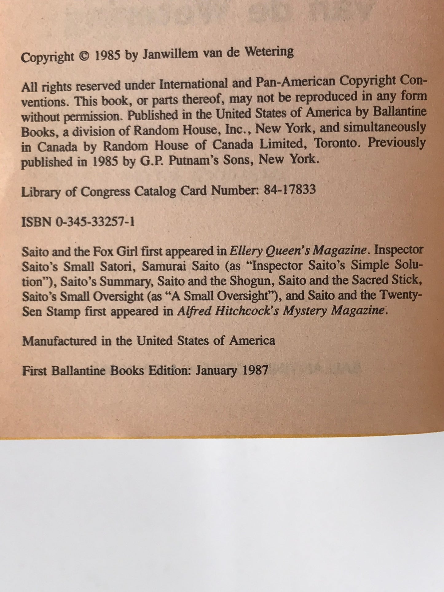 Inspector Saito's Small Satori BALLANTINE Paperback Janwillem Van De Wetering ACH01