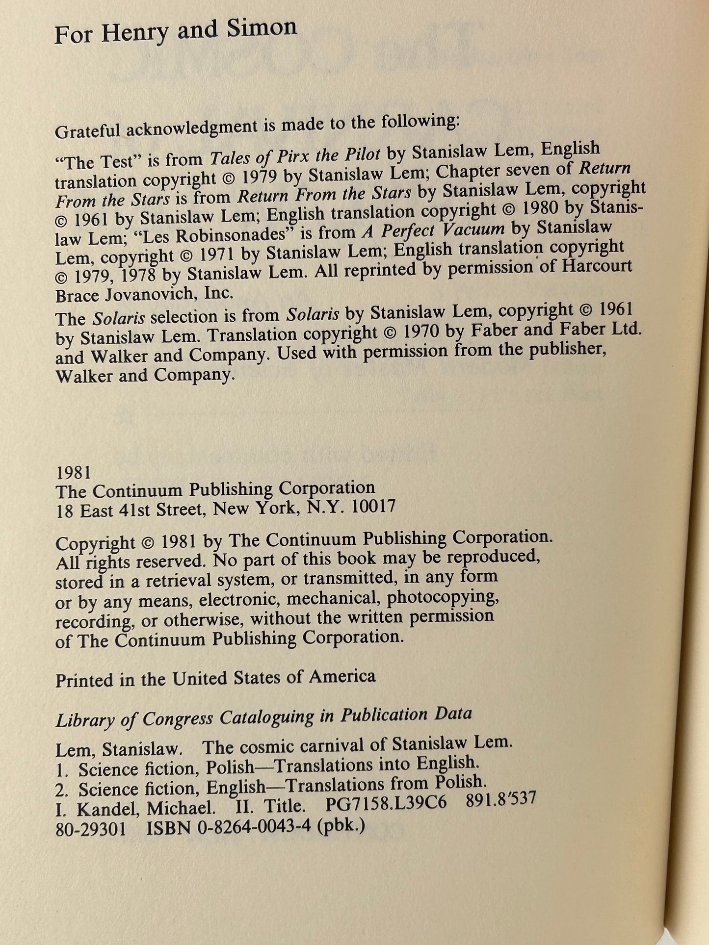 Cosmic Carnival CONTINUUM Paperback Stanislaw Lem EA1