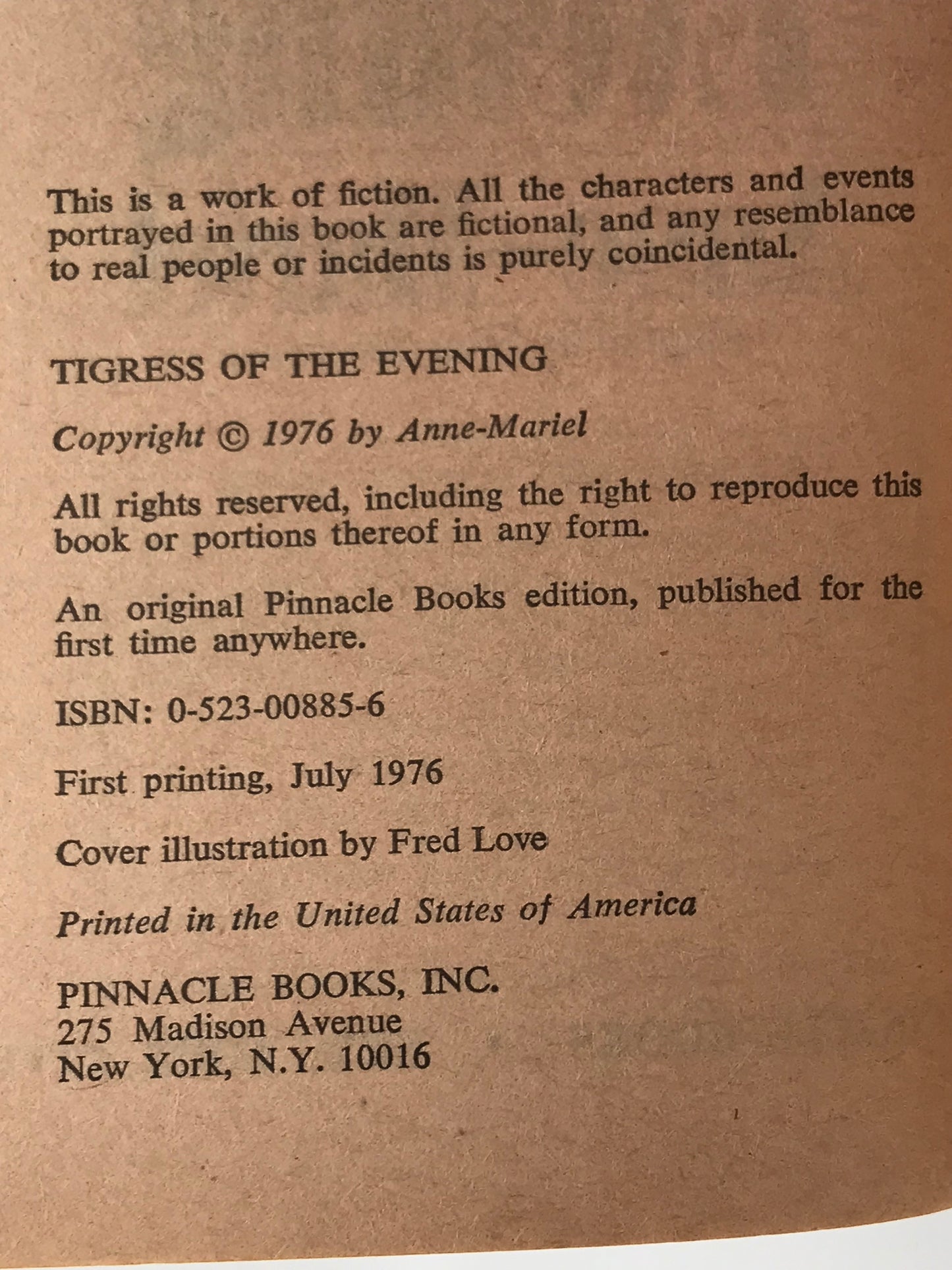 Tigress Of The Evening PINNACLE Paperback Anne-Mariel ACH01