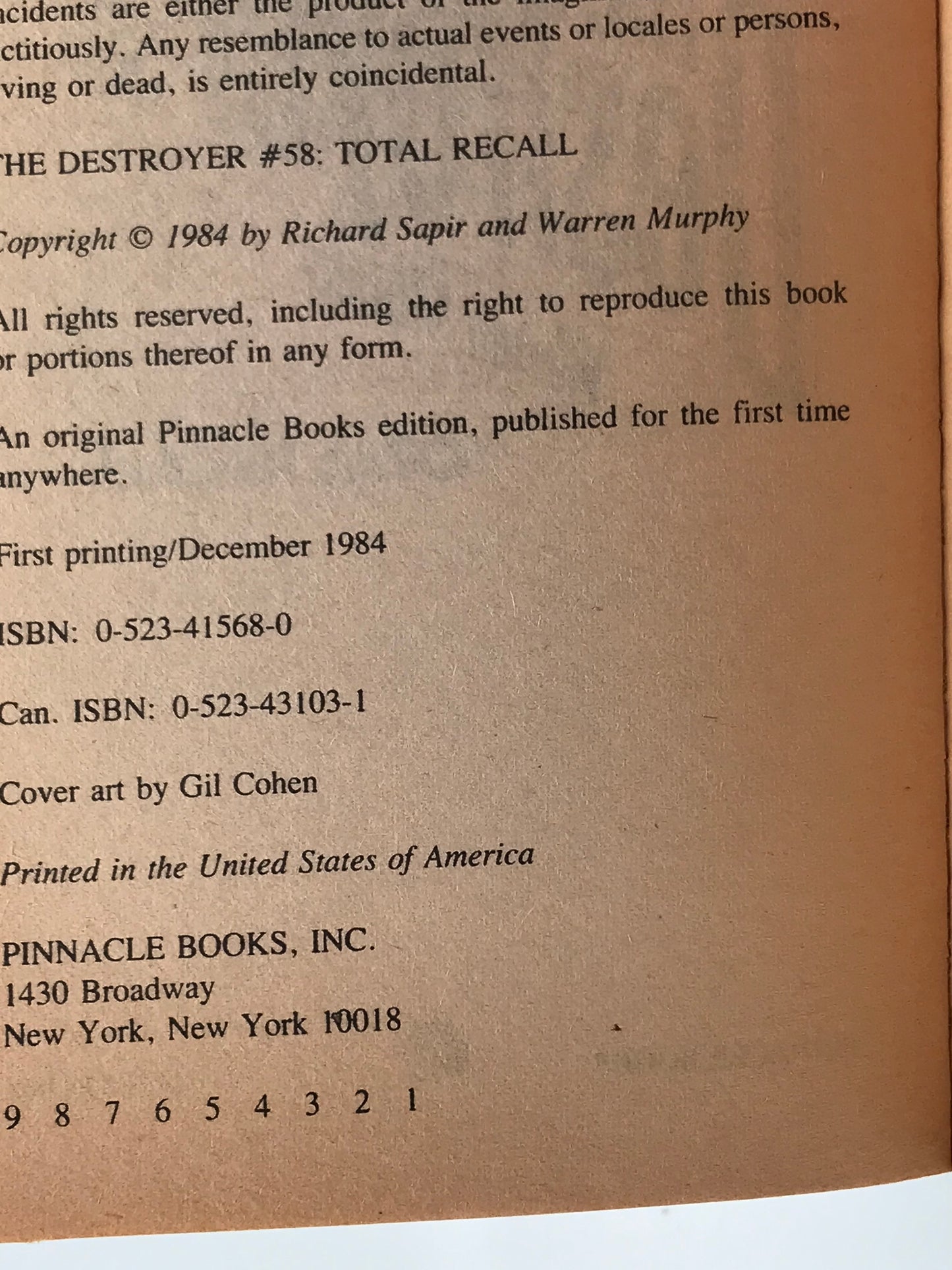 Destroyer #58 Total Recall PINNACLE Paperback Warren Murphy ACH01