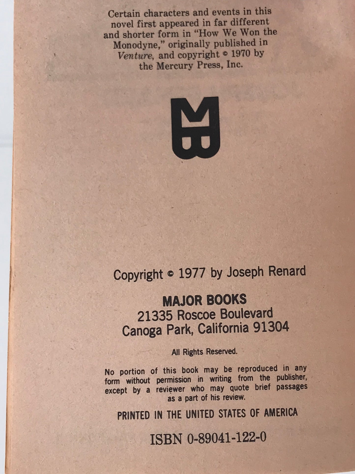 Monodyne Catastrophe MAJOR Paperback Joseph Renard SF03