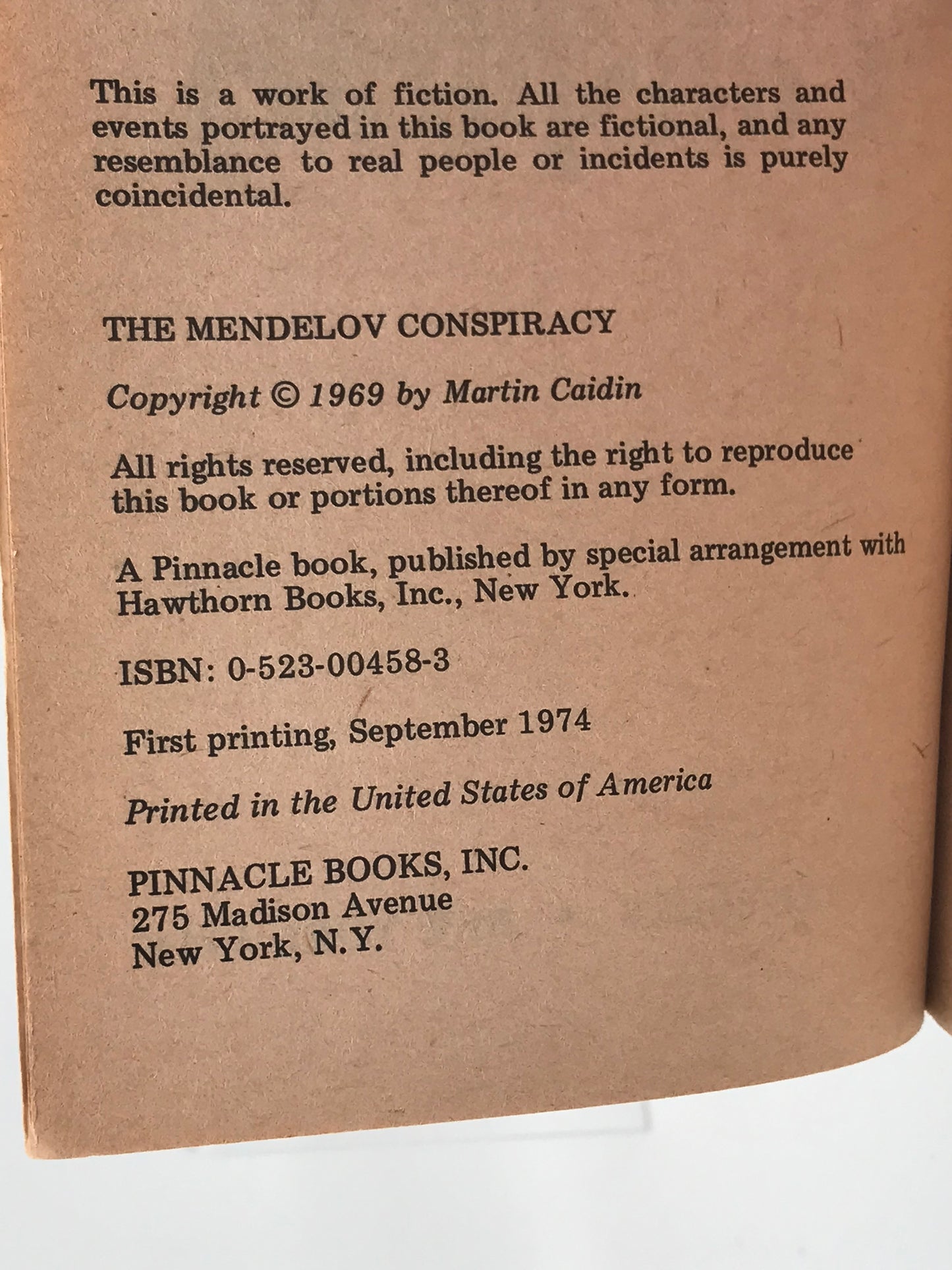 Mendelov Conspiracy PINNACLE Paperback Martin Caidin SF03