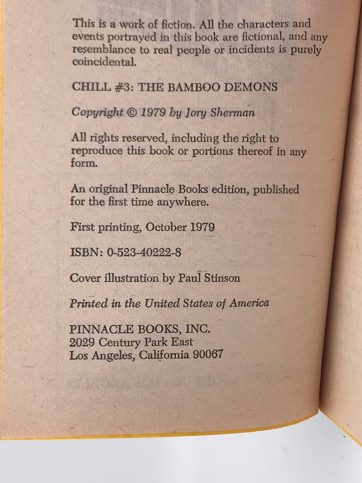Chill #3 Bamboo Demons PINNACLE Paperback Jory Sherman H02