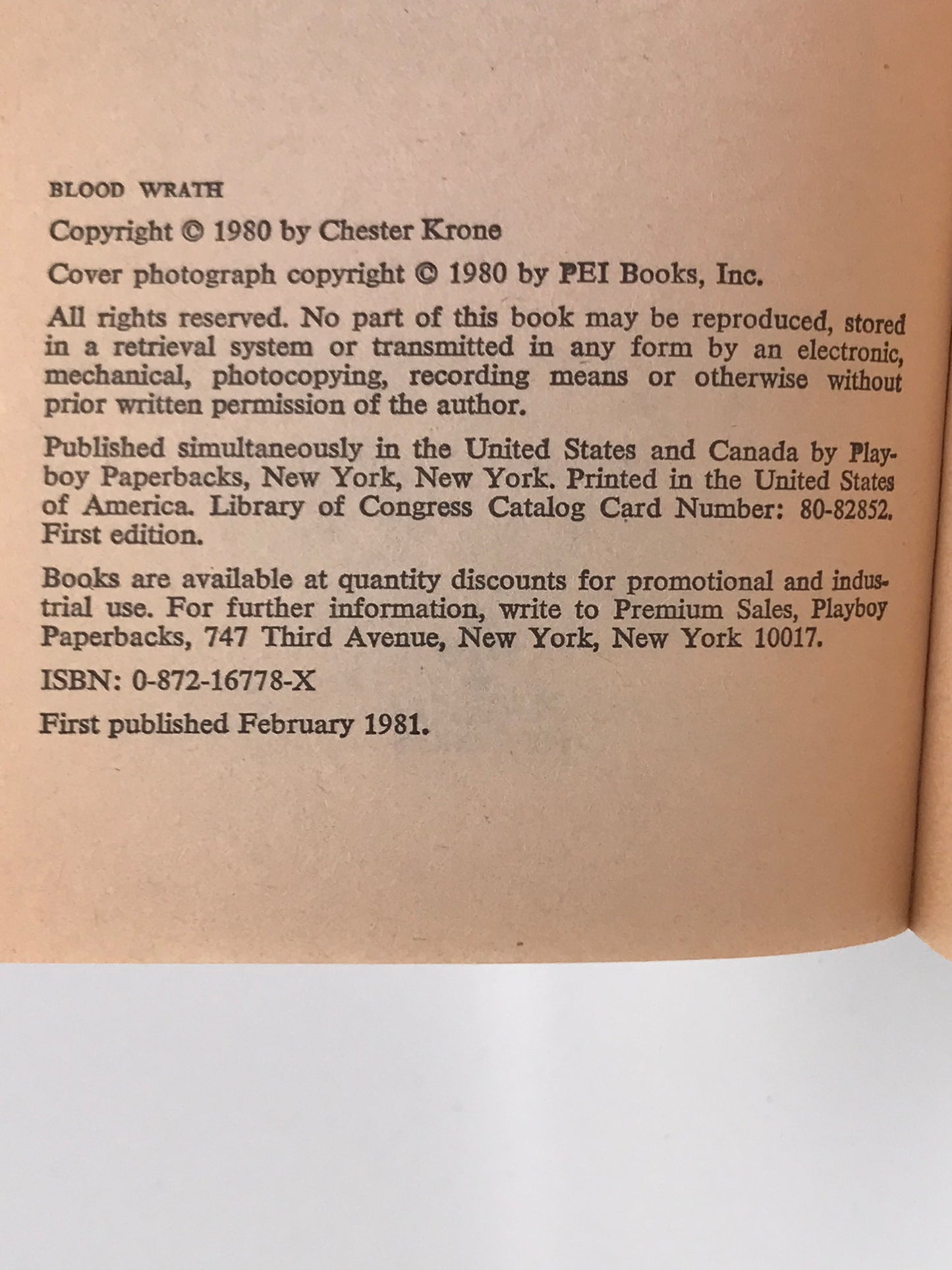 Blood Wrath PLAYBOY Paperback Chester Krone H02