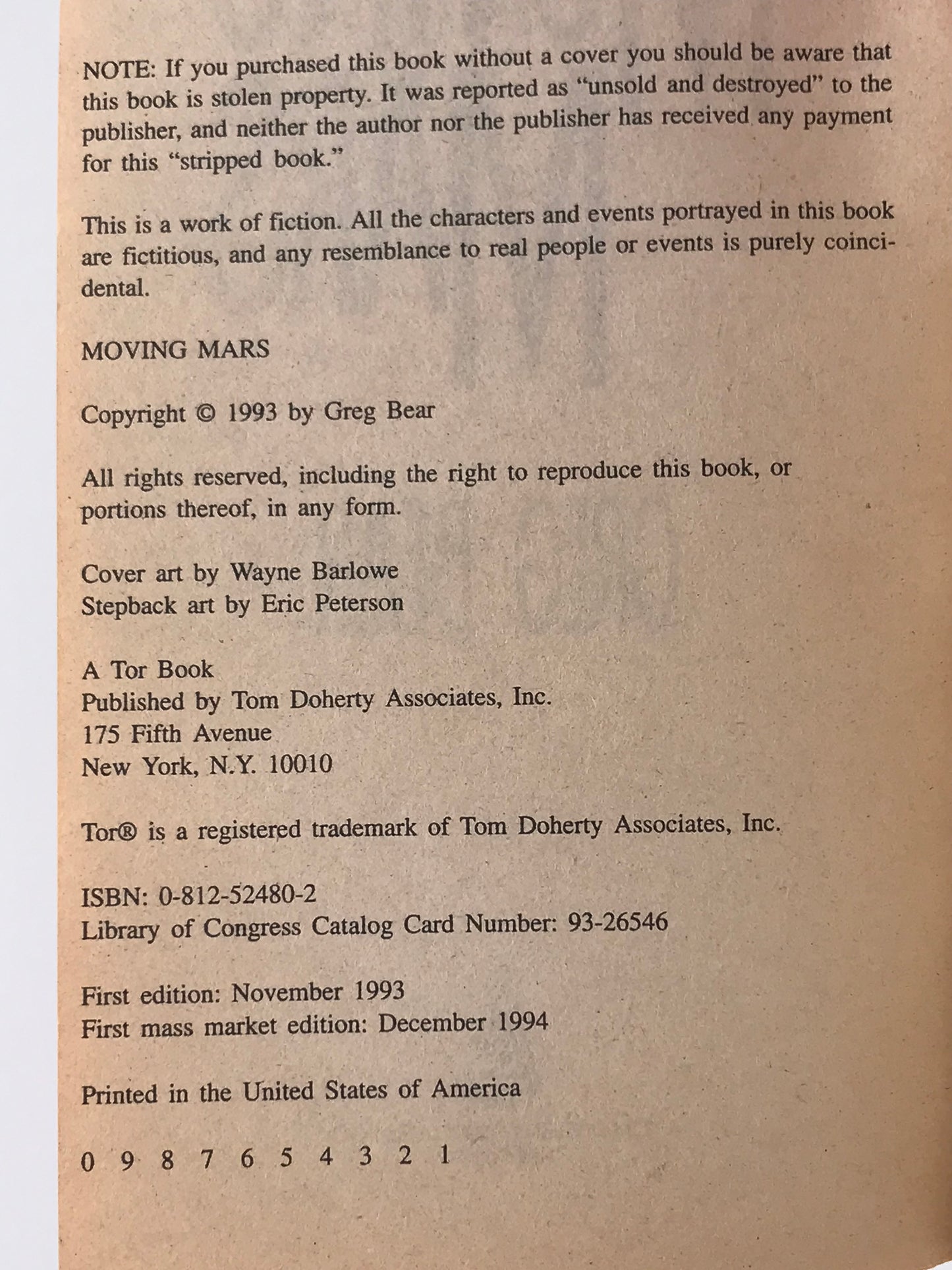 Moving Mars TOR Paperback Greg Bear SF05