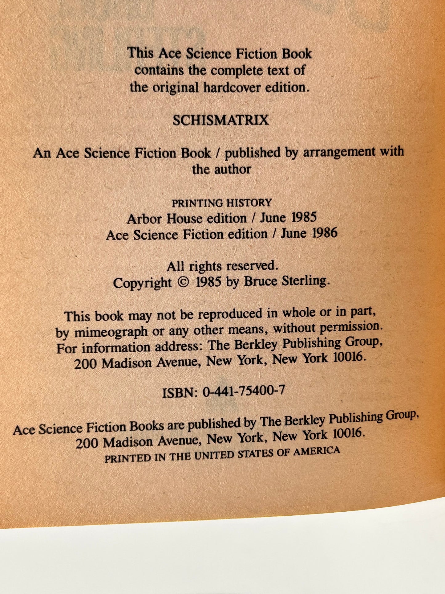 Schismatrix ACE Paperback Bruce Sterling SF04