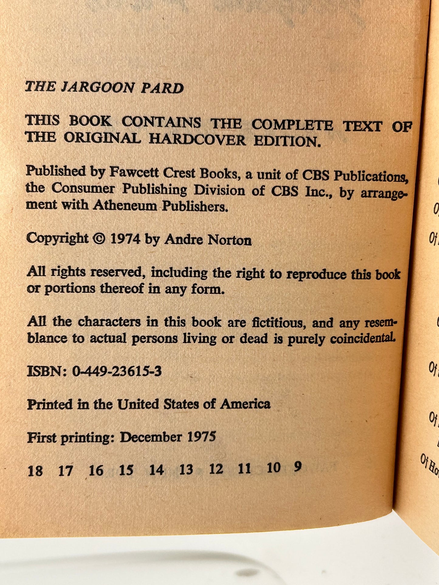 Jargoon Pard FAWCETT Paperback Andre Norton SF04