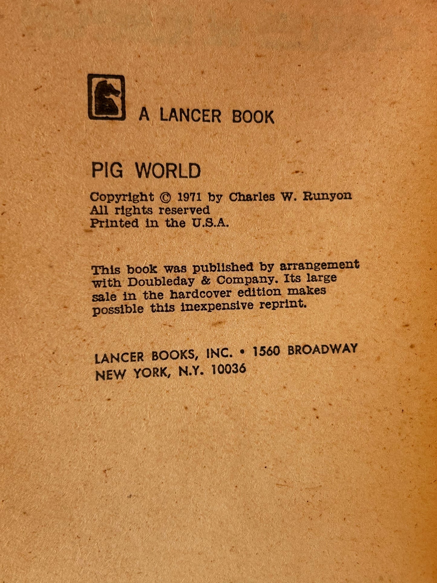 Pig World LANCER Paperback Charles W. Runyon HS4