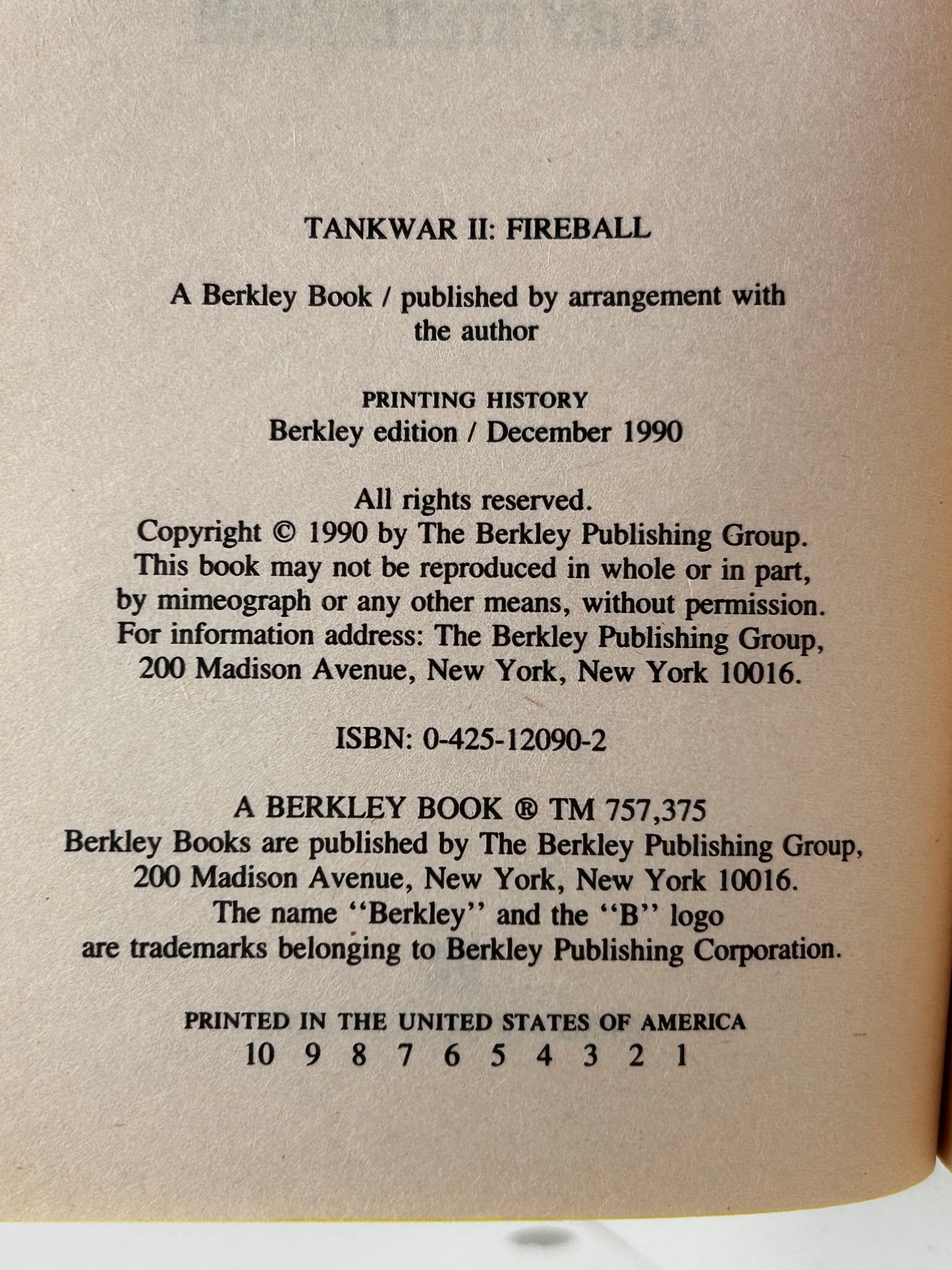 Tank War #2 Fireball BERKLEY Paperback Larry Steelbaugh HS4