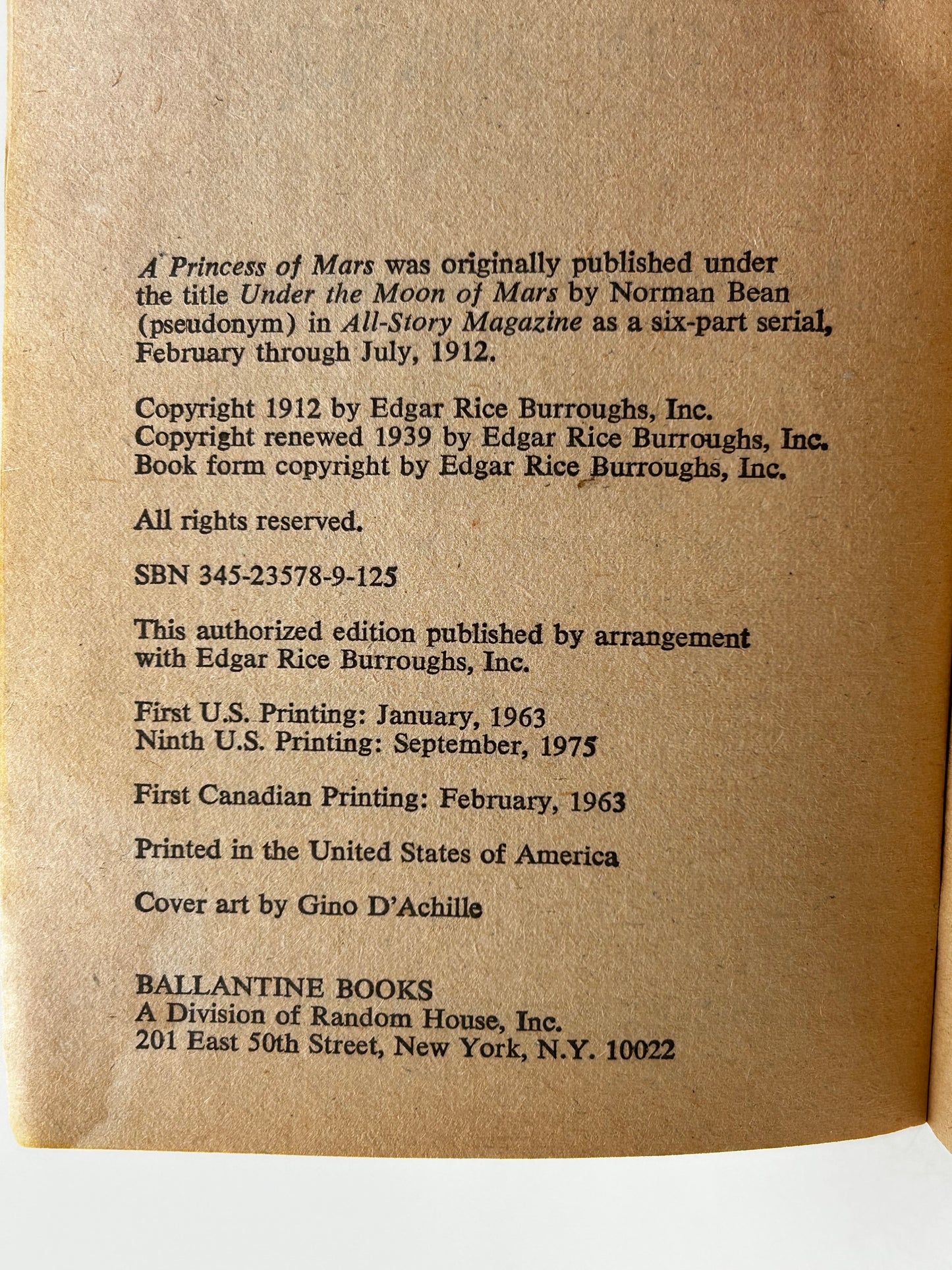 A Princess Of Mars #1 BALLANTINE Paperback Edgar Rice Burroughs SF06