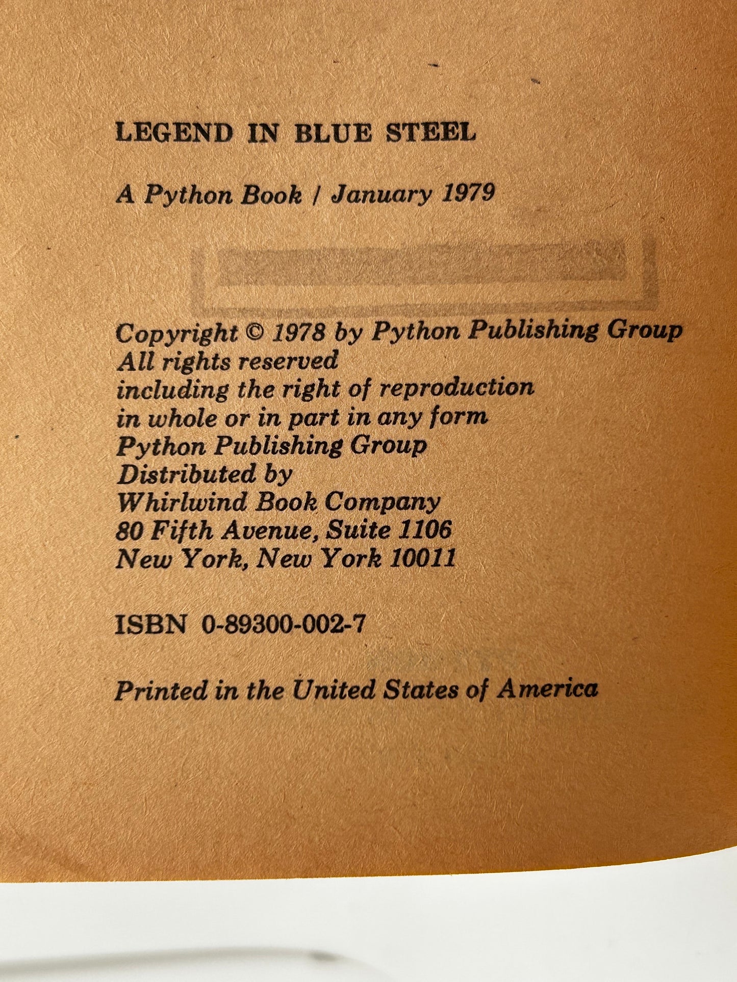 Blue Steel #1 PYTHON Paperback Spider Page SF06 Legend In Blue Steel