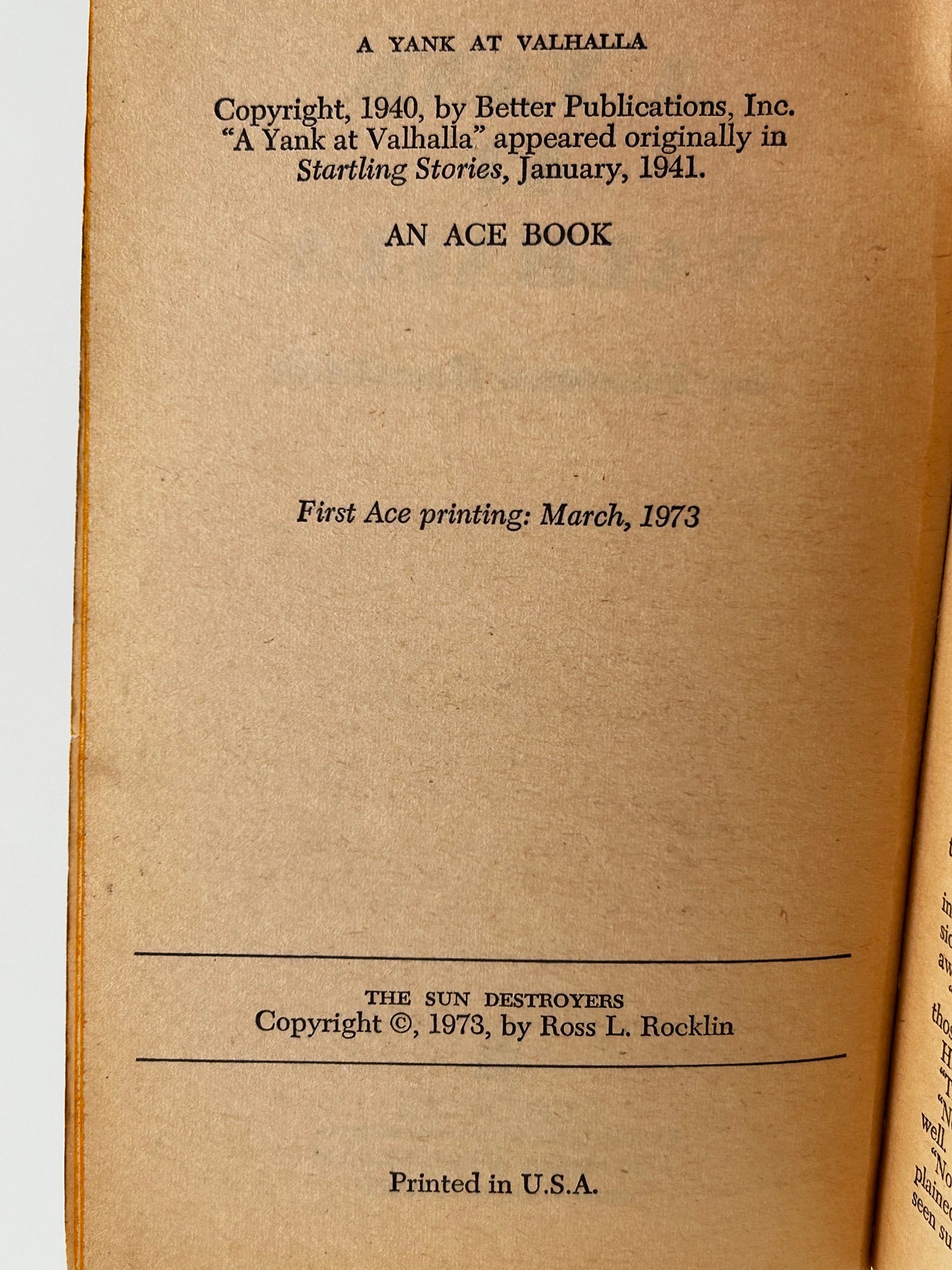 A Yank At Valhalla/The Sun Destroyers ACE DOUBLE Paperback Hamilton/Rocklynne SF11