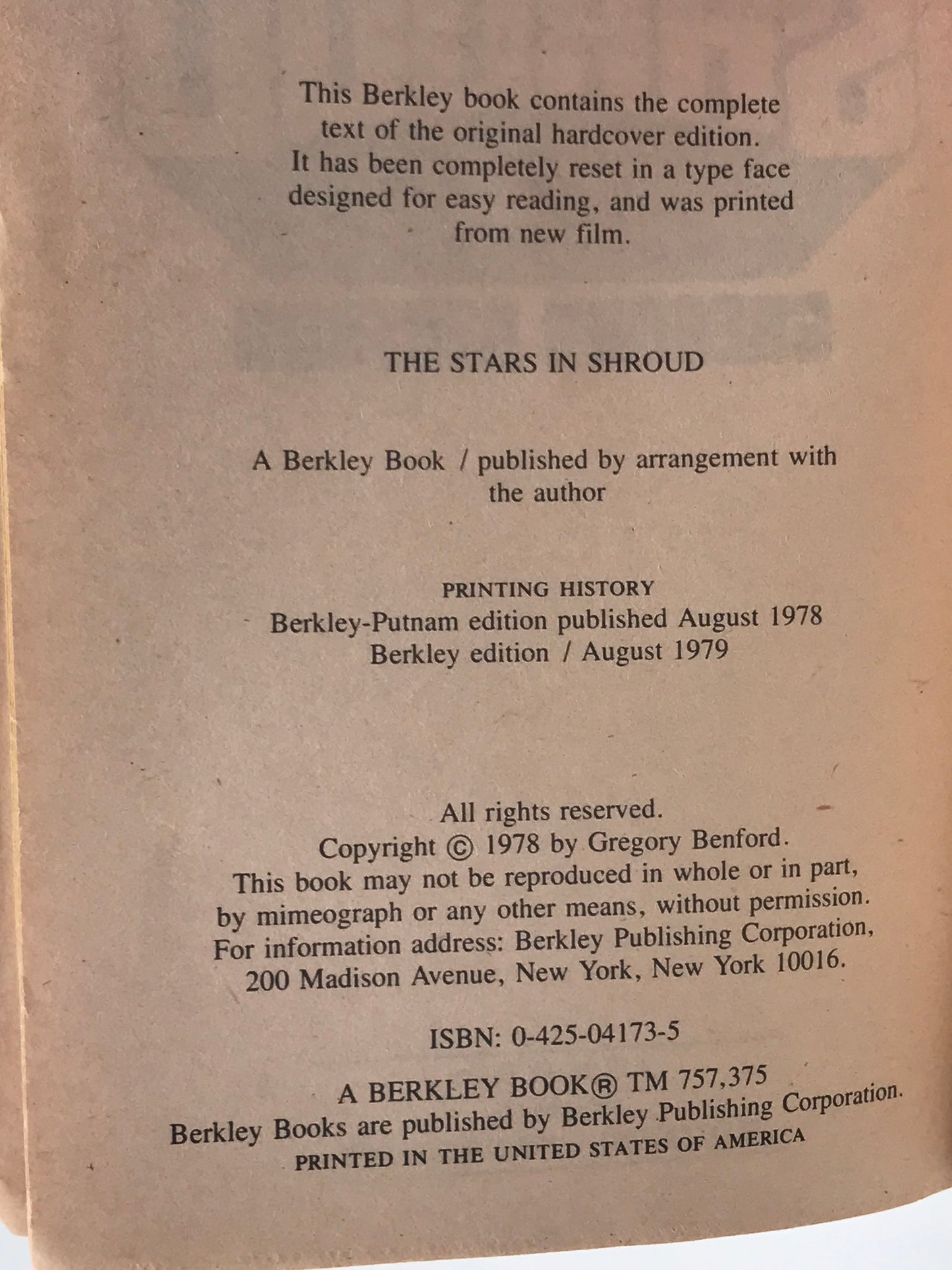 Stars In Shroud BERKLEY Paperback Gregory Benford HSF