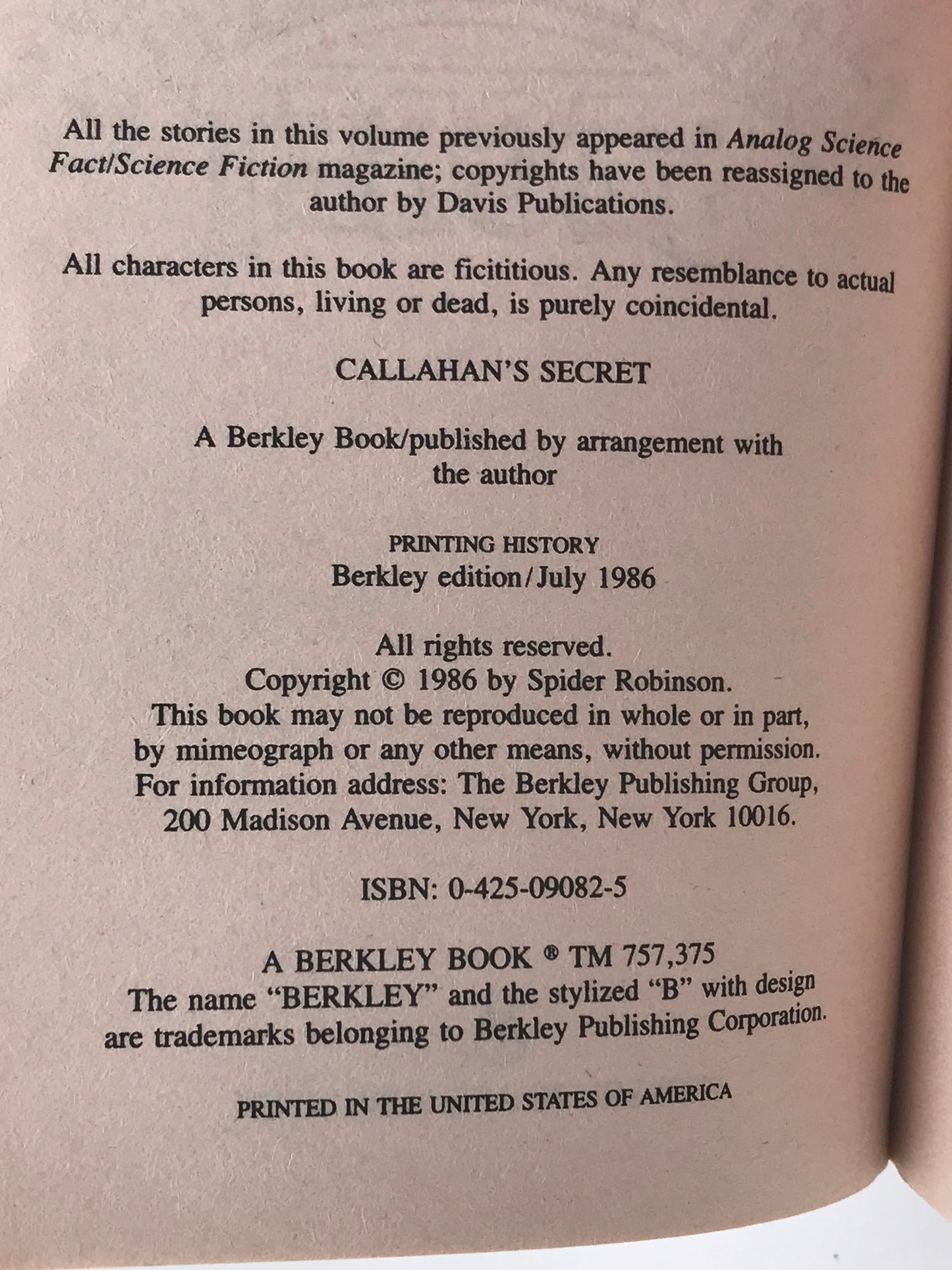 Callahan's Secret BERKLEY Paperback Spider Robinson HSF