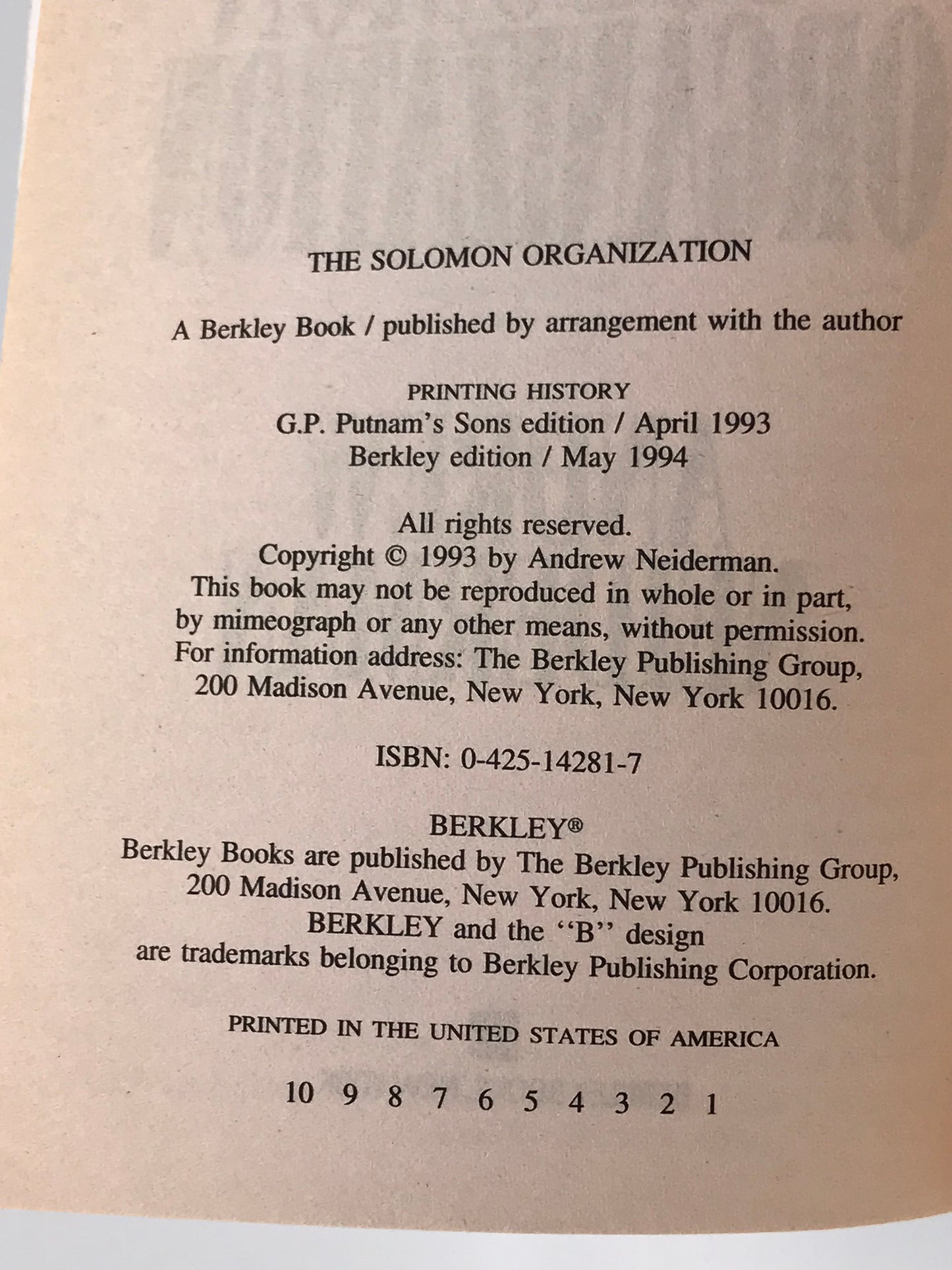 Soloman Organization BERKLEY Paperback Andrew Neiderman H01