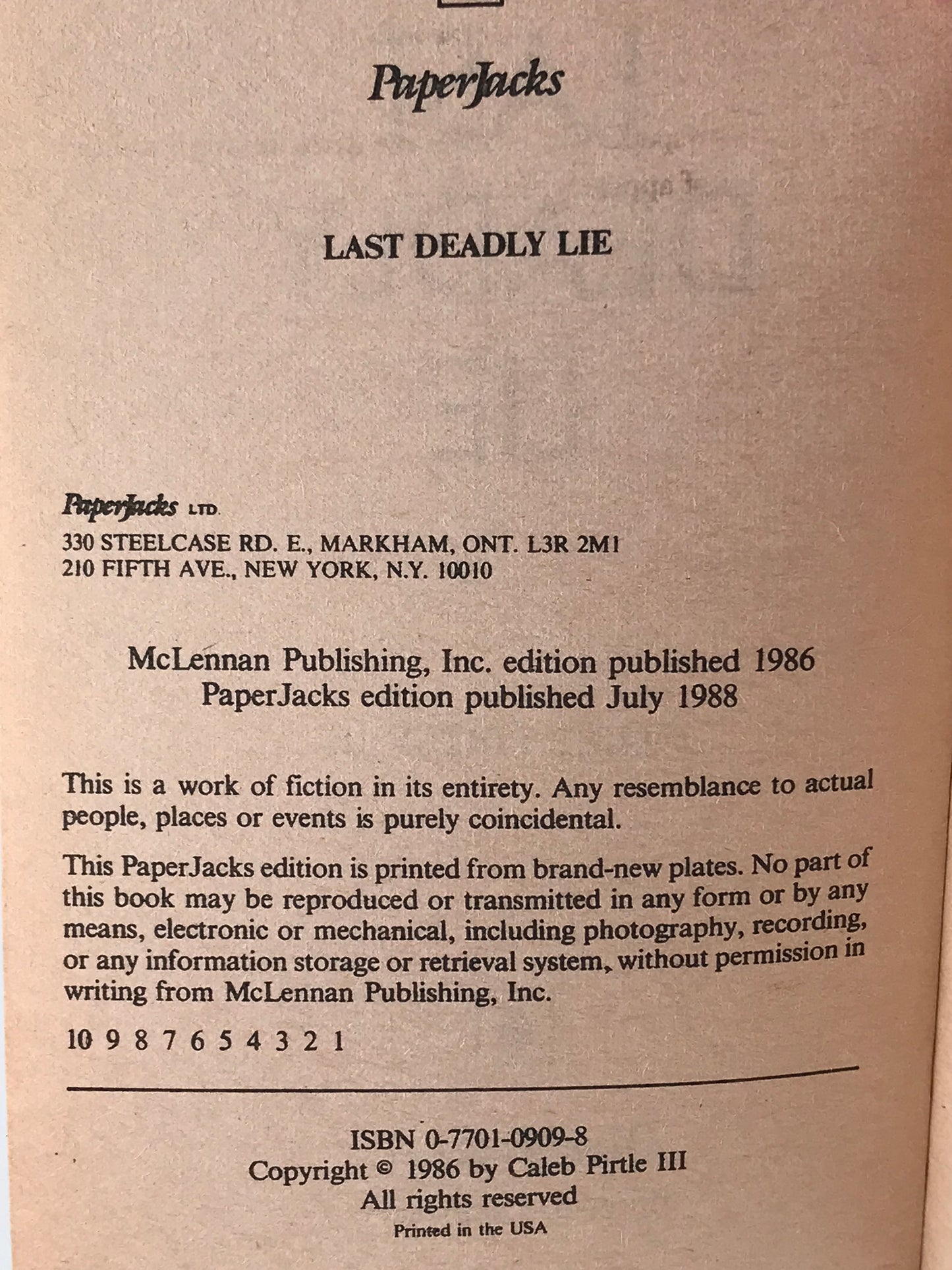 Last Deadly Lie PAPERJACKS Paperback Caleb Pirtle III H01