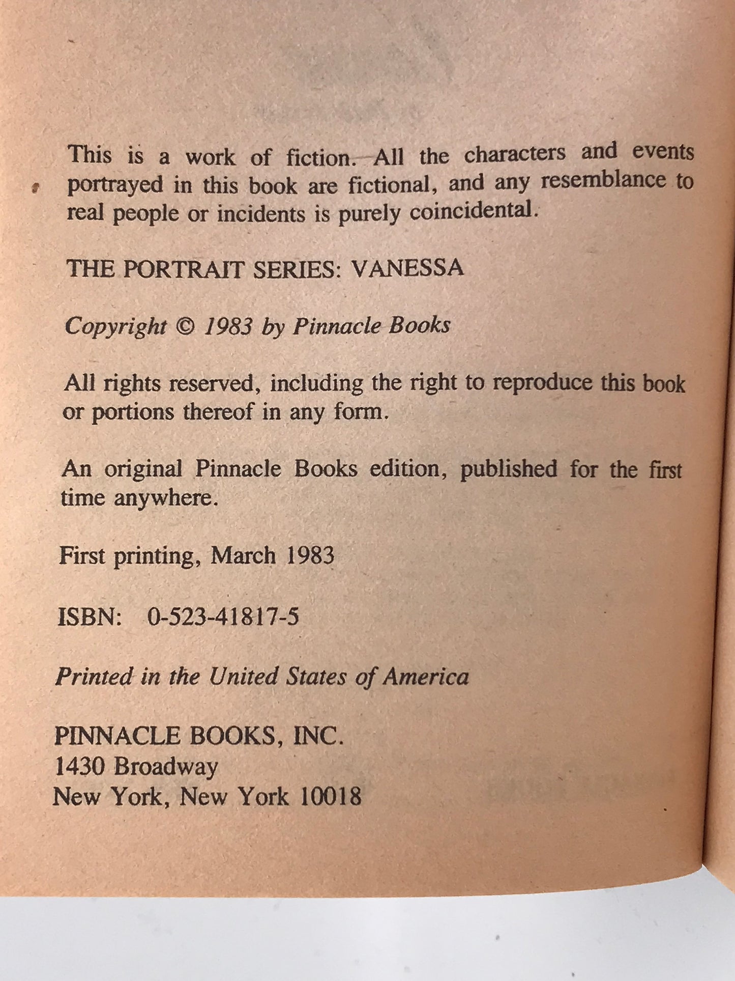 Vanessa: The Portrait Series PINNACLE Paperback Peter Faser A01