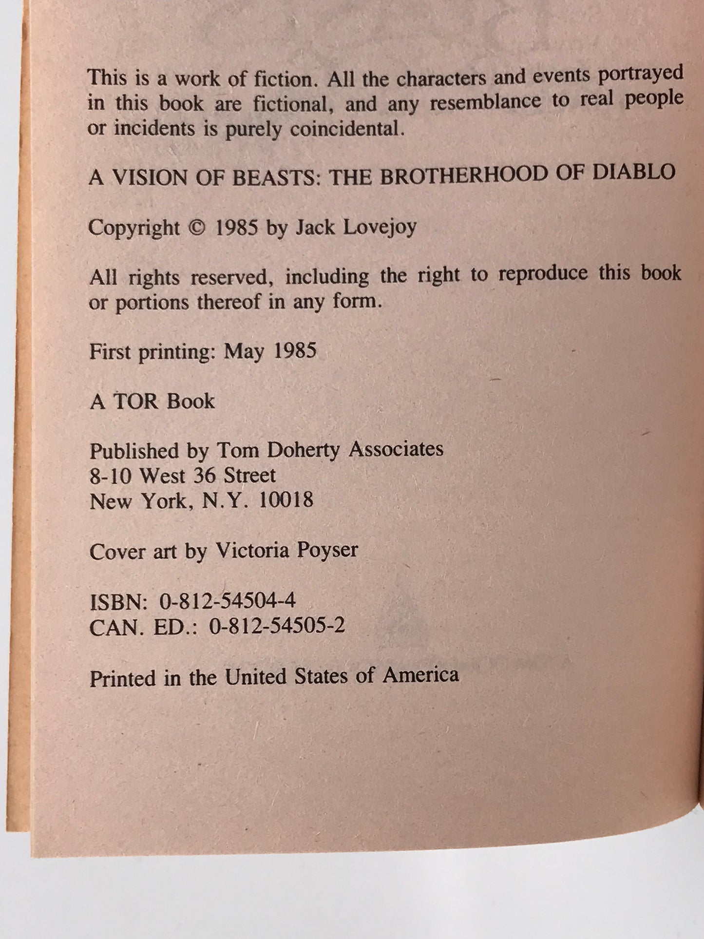 A Vision Of Beasts TOR Paperback Jack Lovejoy SF02