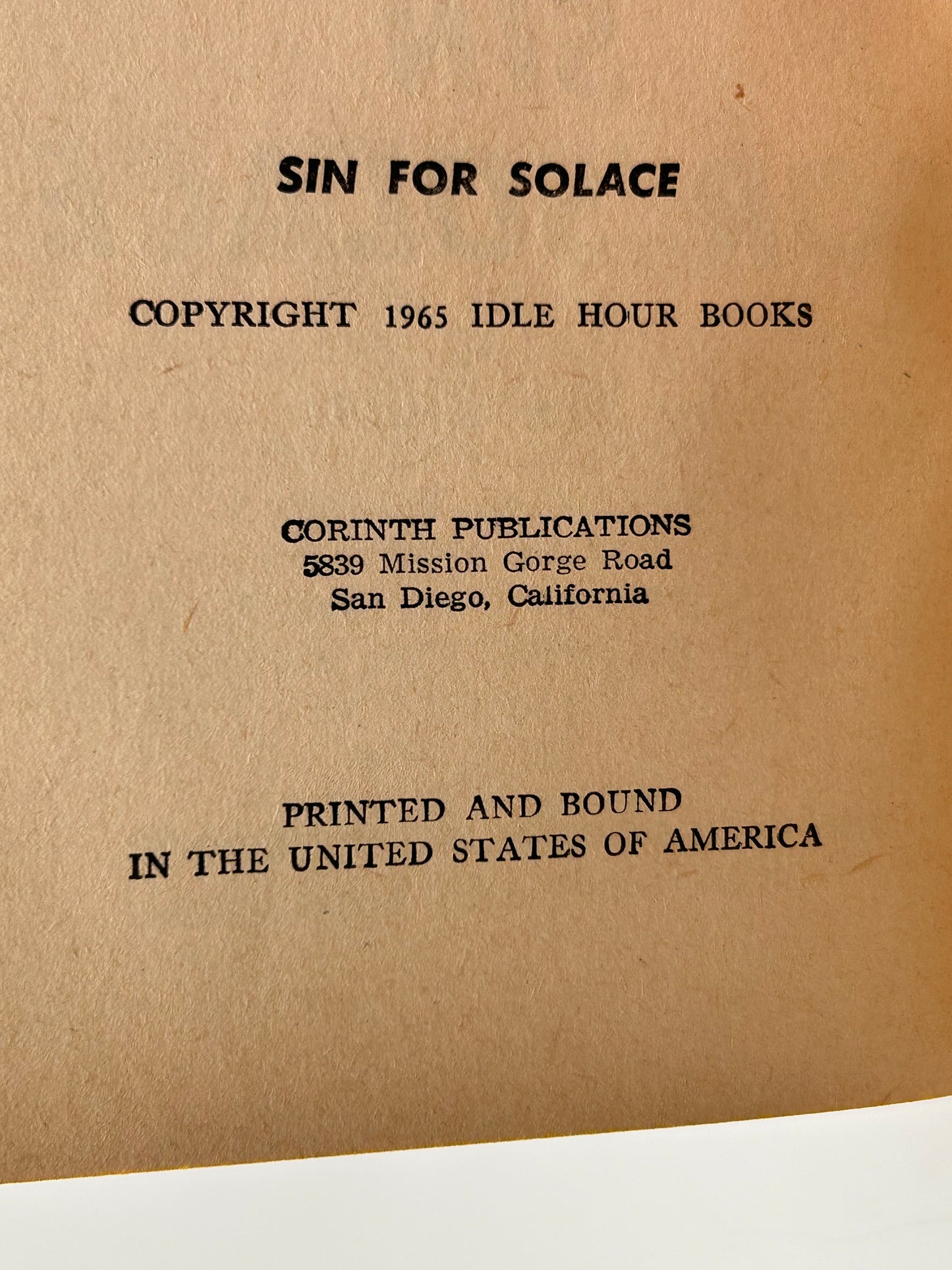 Sin For Solace IDLE HOUR Paperback Don Elliott EA1