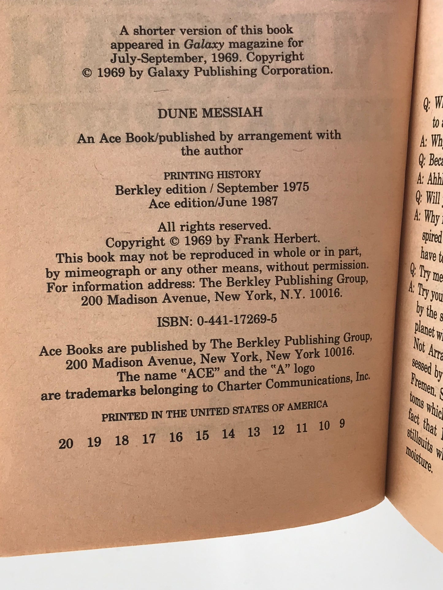 Dune Messiah ACE Paperback Frank Herbert SF03