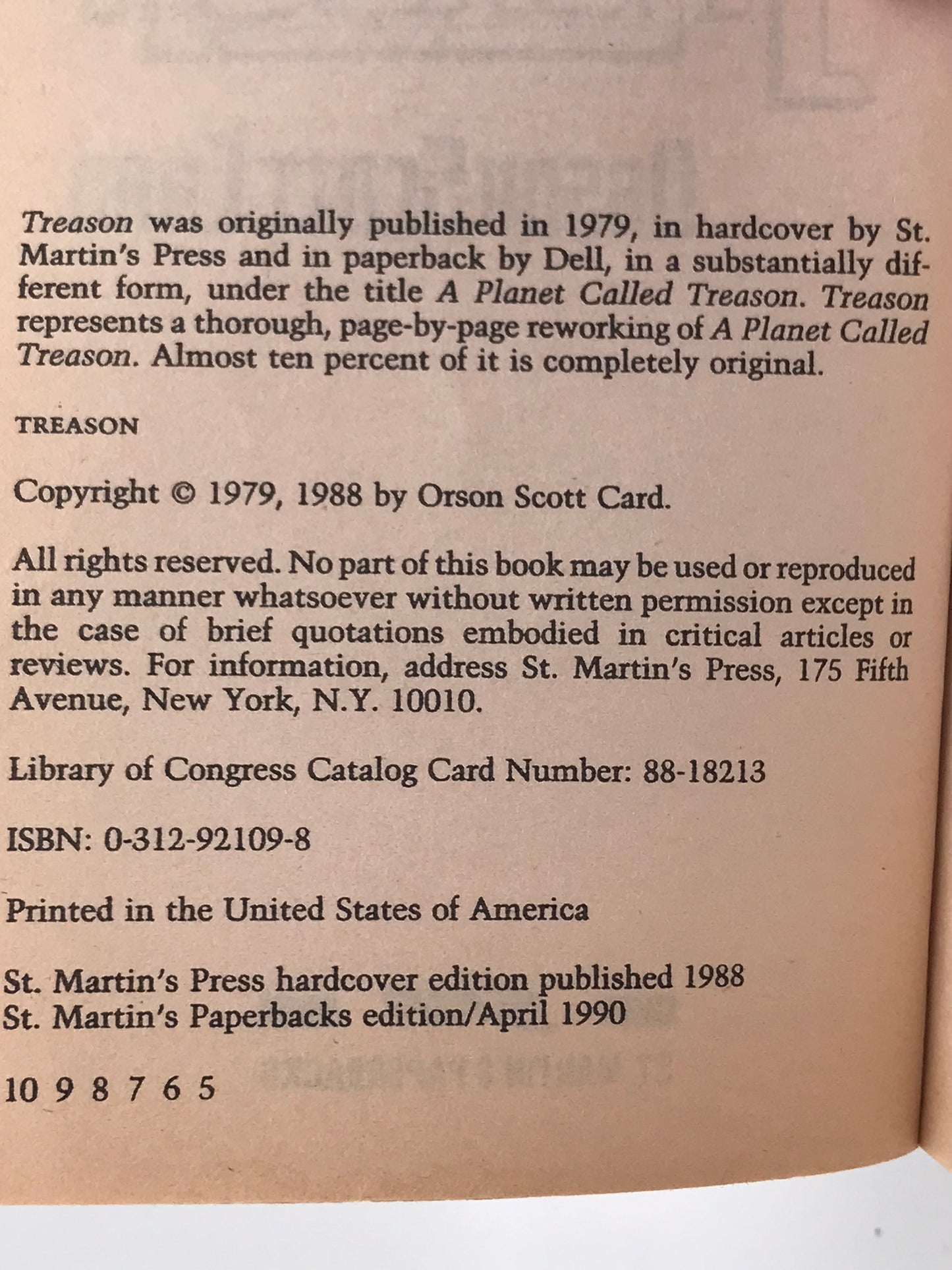 Treason ST. MARTINS Paperback Orson Scott Card SF05